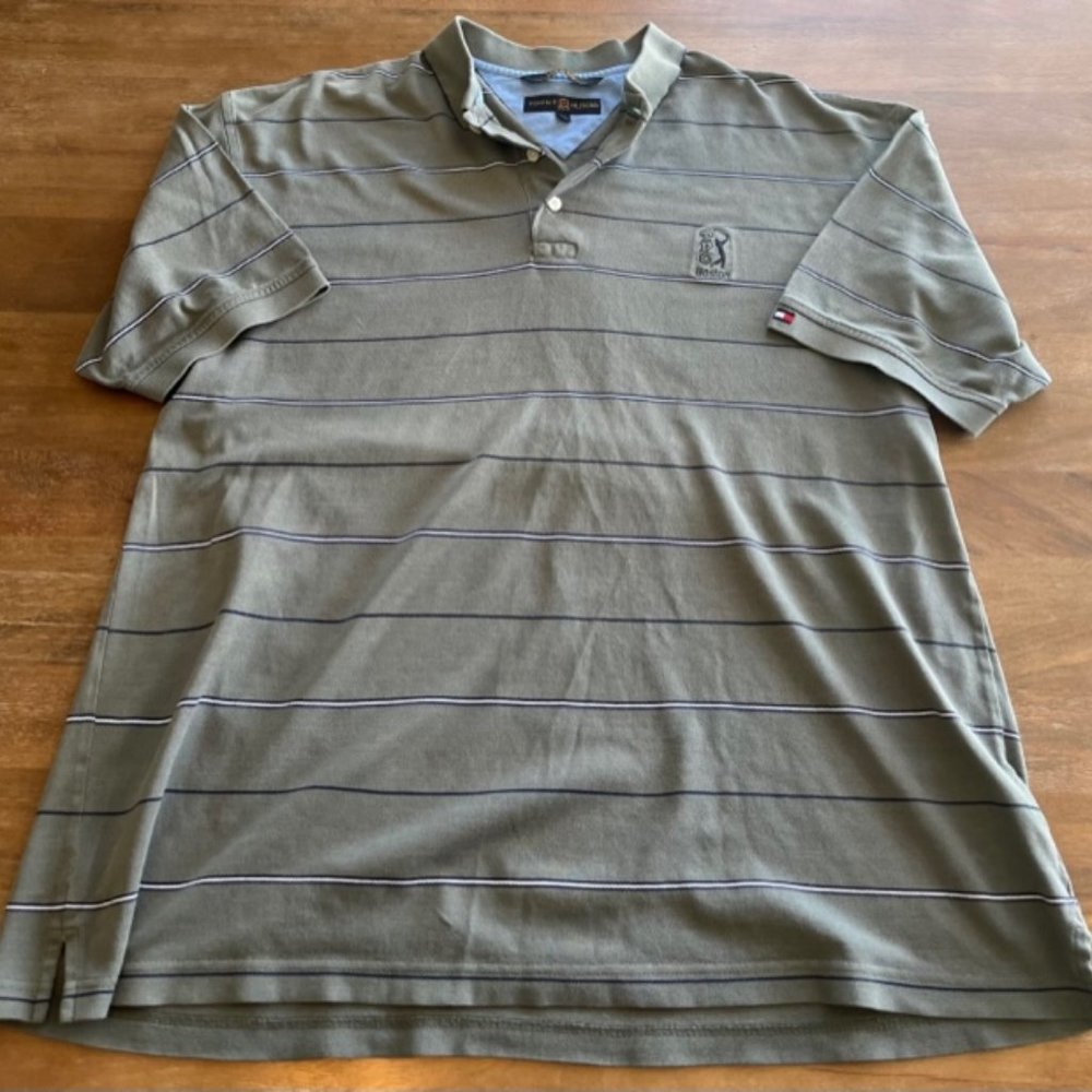 Tommy Hilfiger TPC Boston Golf Polo Shirt Mens Large Green Blue Striped‎ Cotton